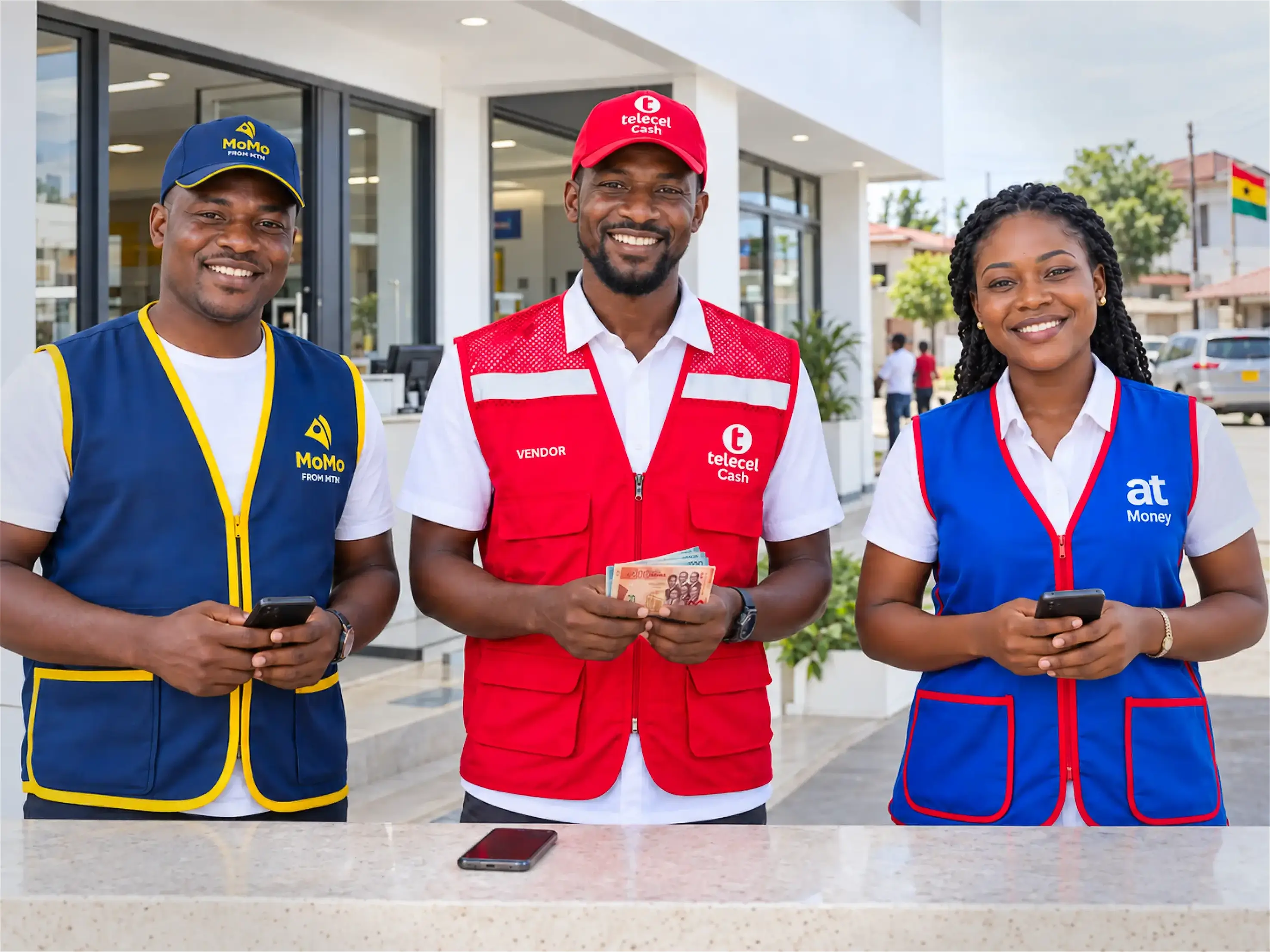 MTN MoMo, Telecel Cash and AT Money Agents at a counter, smiling with their phones