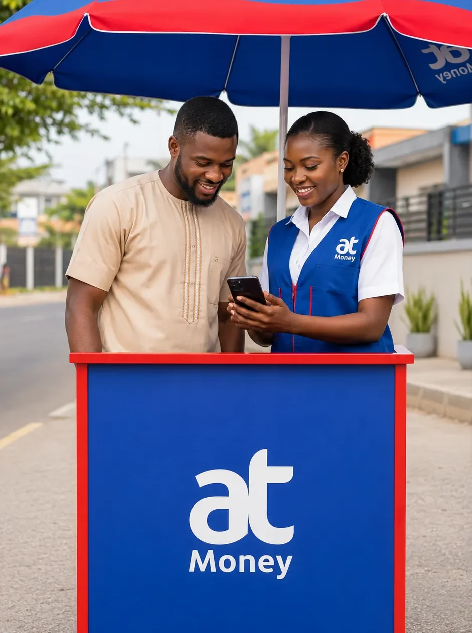 AT Money Agent at her stand with a customer, checking her phone