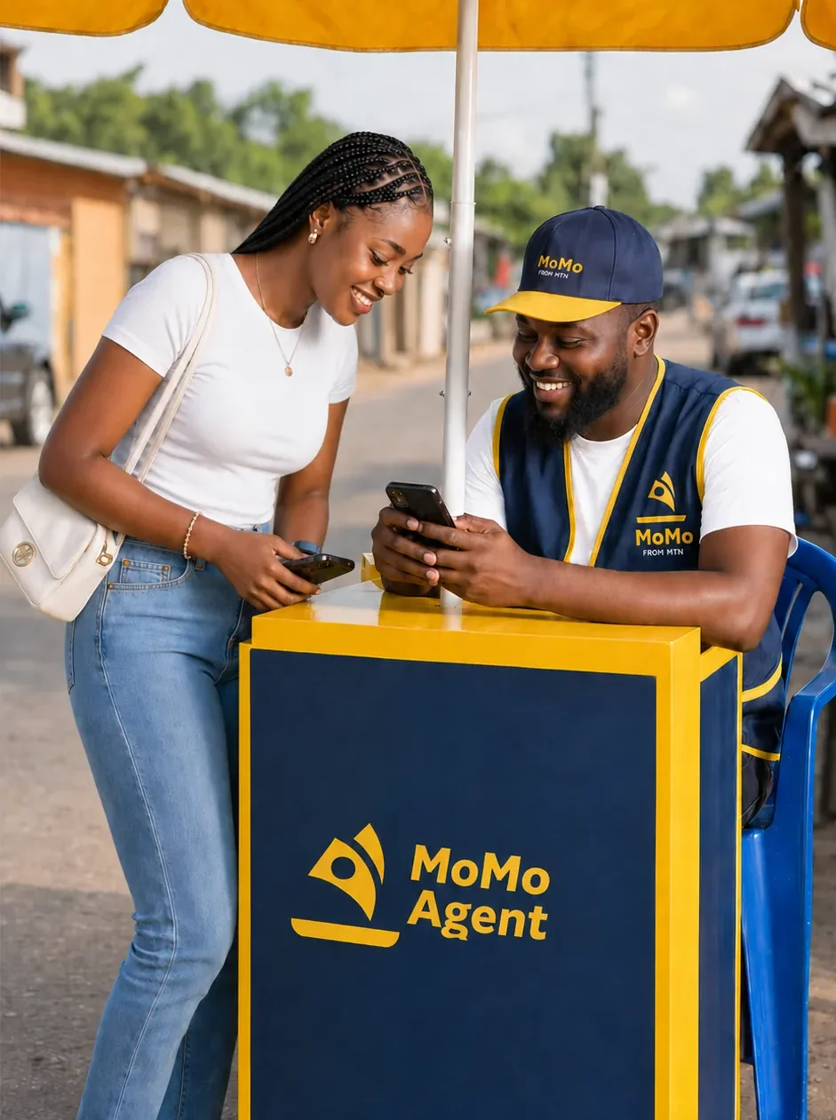 MTN MoMo Agent at an umbrella stand helping a customer on her phone
