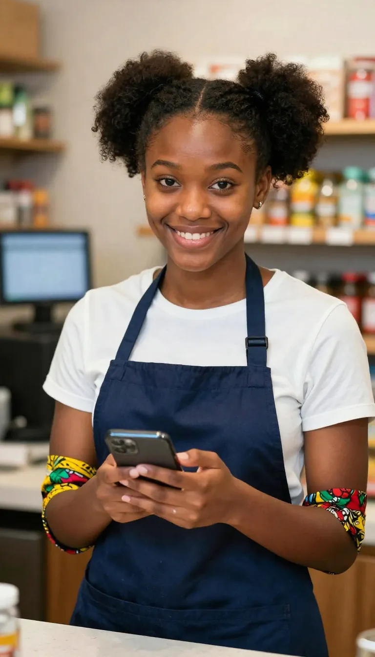 Smiling Agent in an apron holding her phone in a shop