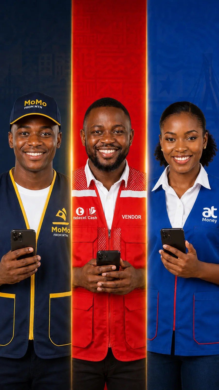 MTN MoMo, Telecel Cash and AT Money Agents, each holding a phone